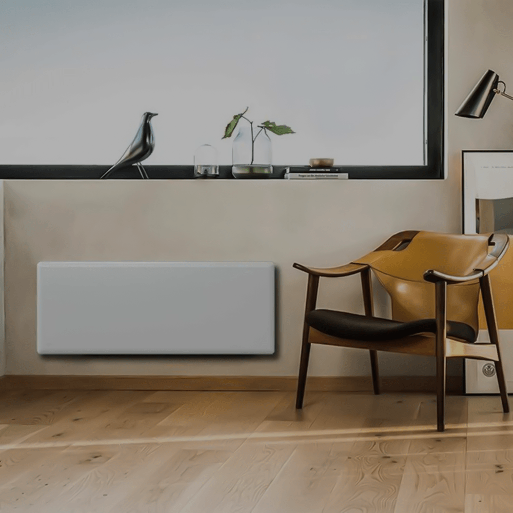 Radiatore elettrico a risparmio energetico installato in un moderno soggiorno minimalista