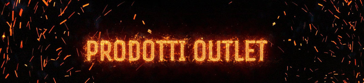 Scritta Prodotti Outlet in stile fuoco ardente su sfondo nero con scintille