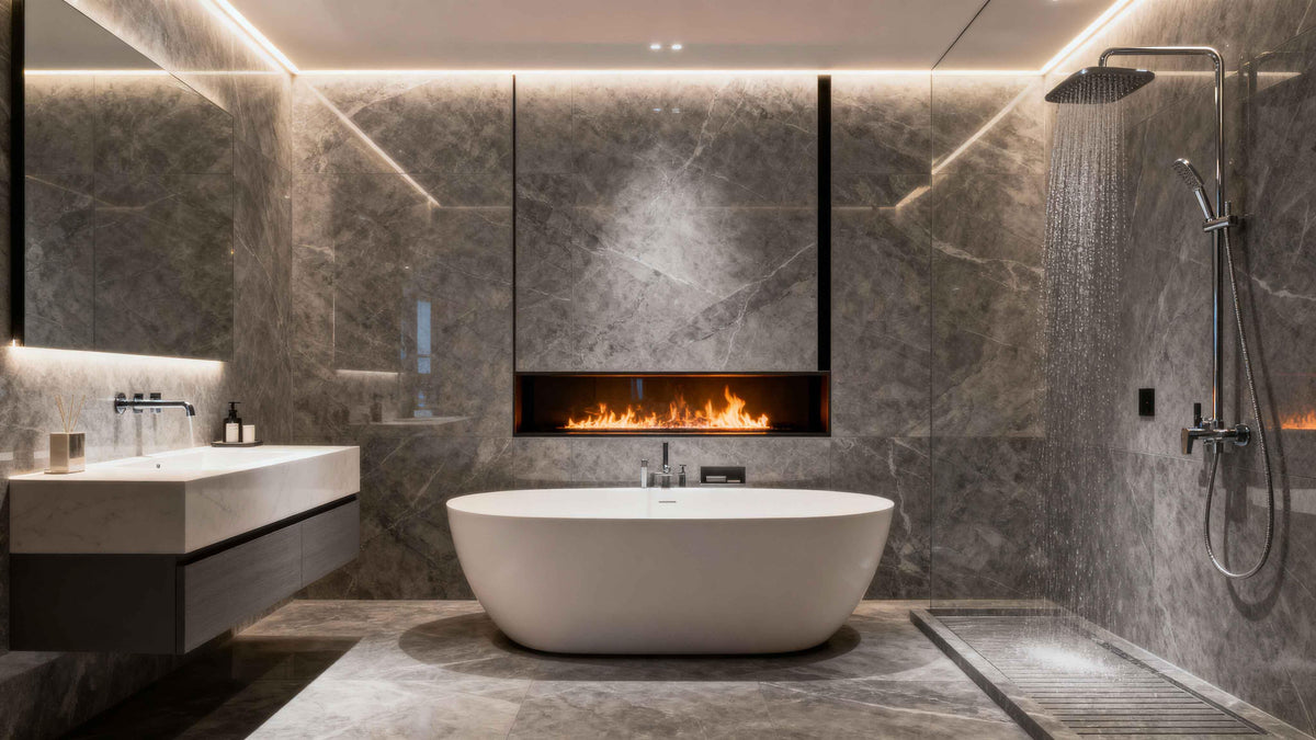 Caminetto elettrico moderno incassato in bagno di lusso con marmo, vasca e doccia