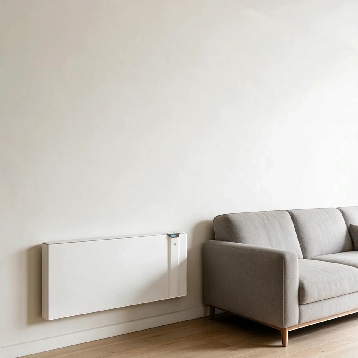 Radiatore elettrico da parete Klimago™ Radialight KLIMA bianco con tecnologia Dual-Therm installato in un soggiorno