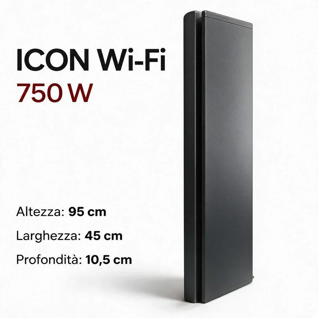 Radiatore elettrico verticale Radialight ICON Wi-Fi da 750 W nero con dimensioni