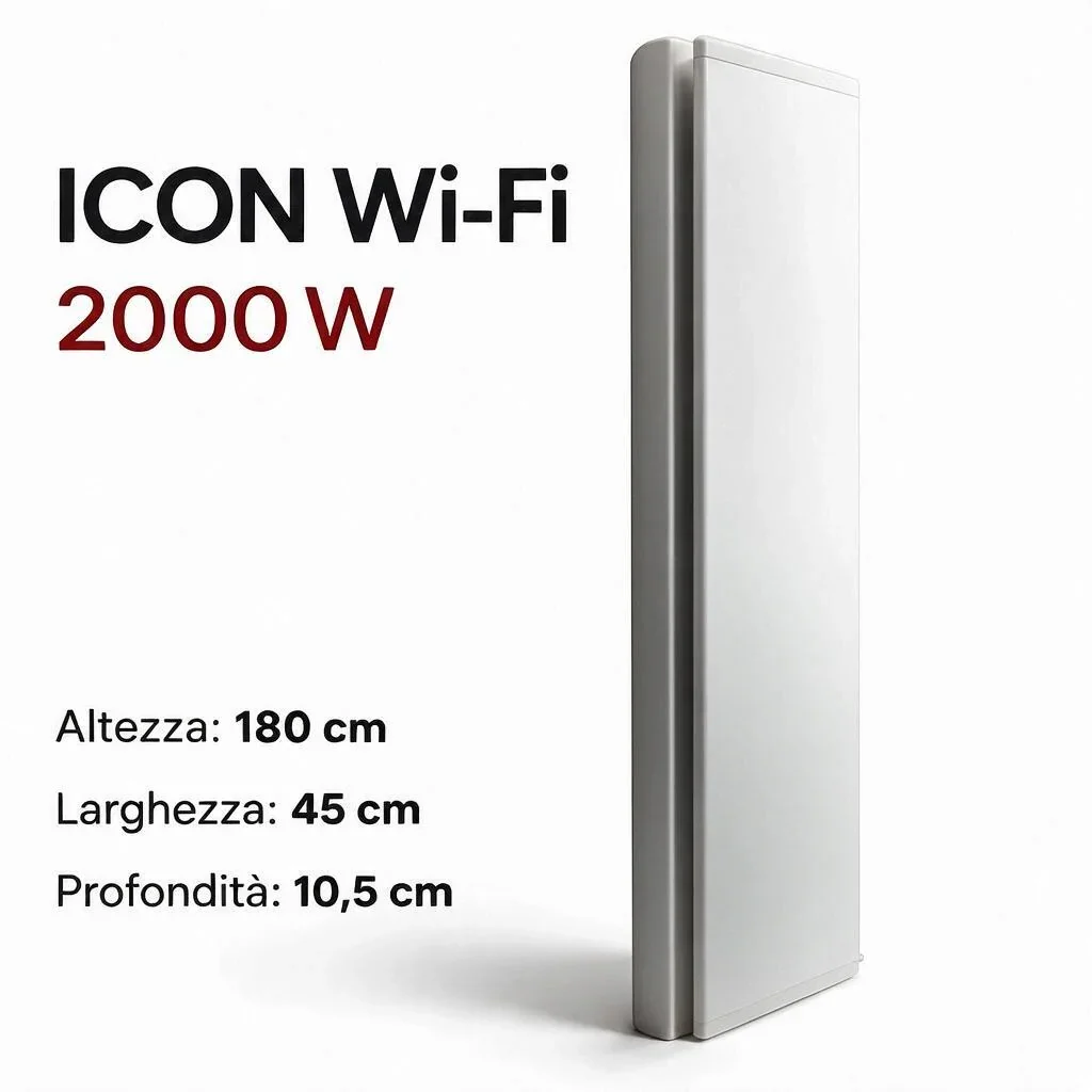 Radiatore elettrico verticale Klimago™ Radialight ICON Wi-Fi 2000W bianco ghiaccio dal design sottile e moderno
