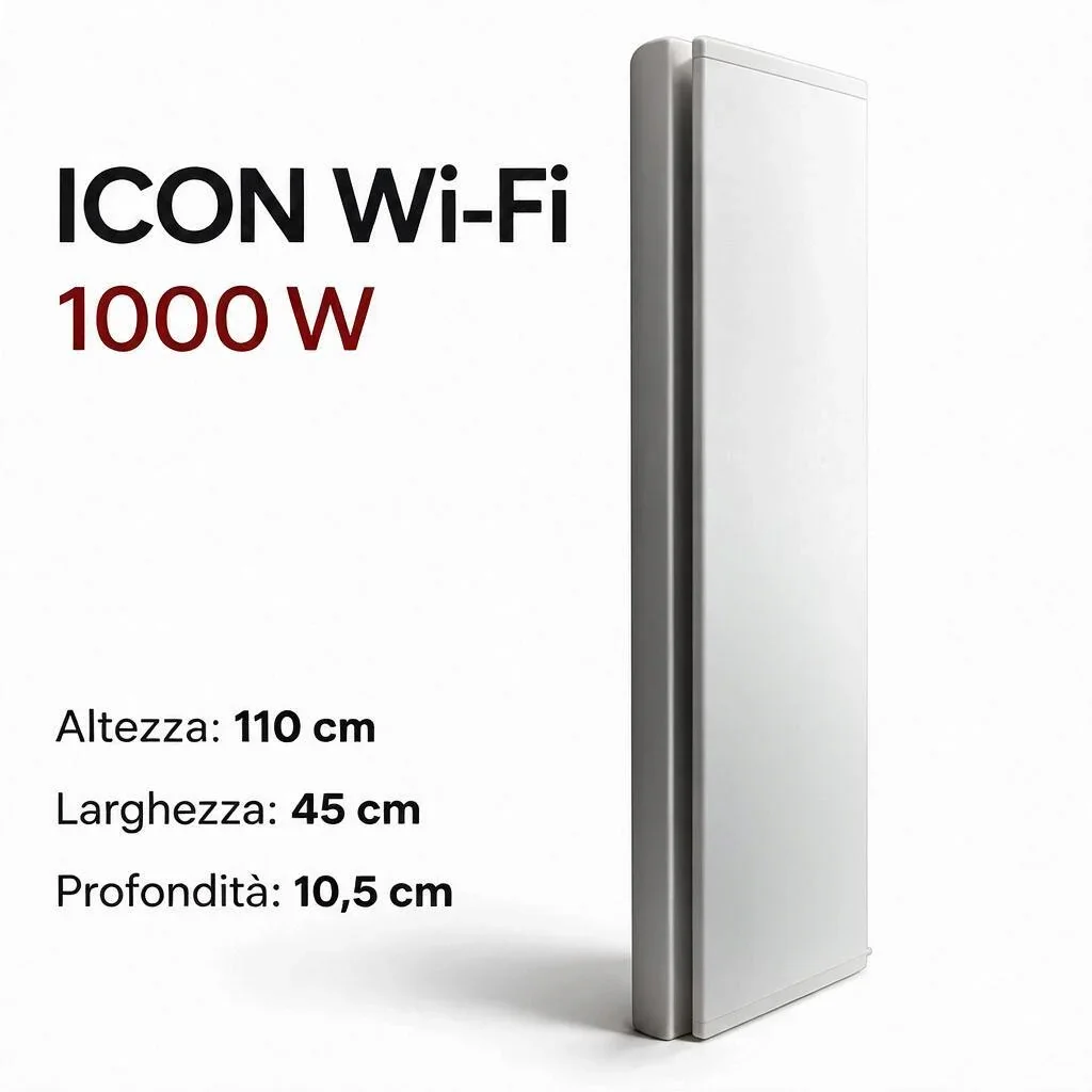 Radiatore elettrico verticale Klimago Radialight ICON Wi-Fi 1000W bianco con design sottile e controllo smart