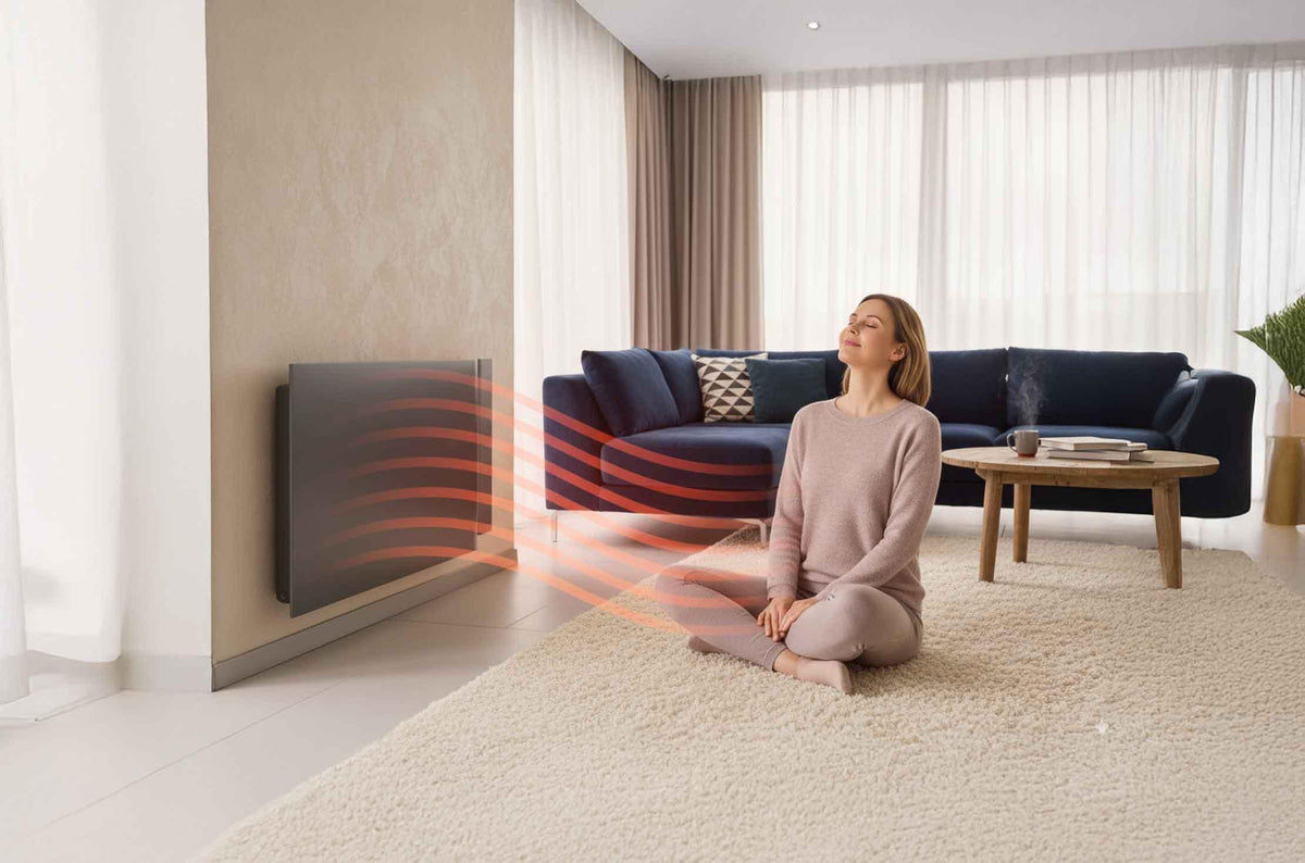 Ermete Giudici Spa Radialight Kyoto 750, riscaldatore elettrico a parete in un salotto moderno | Klimago