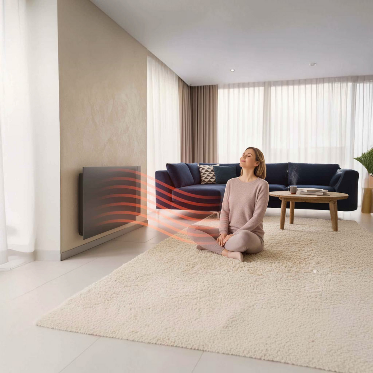 Radiatore elettrico Radialight KYOTO Dual-Therm grigio antracite installato a parete in un salotto moderno Klimago