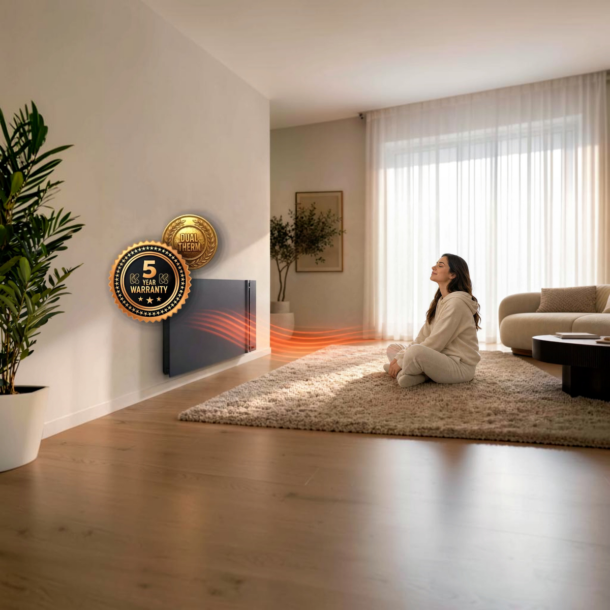 Radiatore elettrico da parete Klimago™ Radialight KYOTO grigio antracite in un soggiorno moderno con donna rilassata