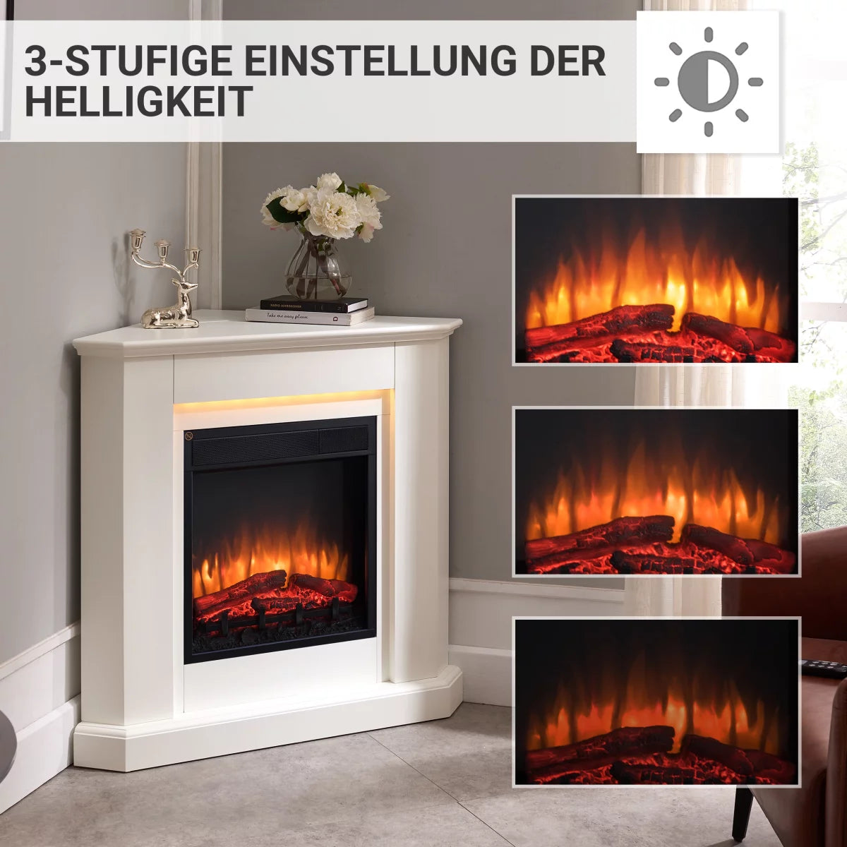 Caminetto Elettrico BALDERIA Candela Bianco | Stufa Angolare 2000W con Effetto Fiamma