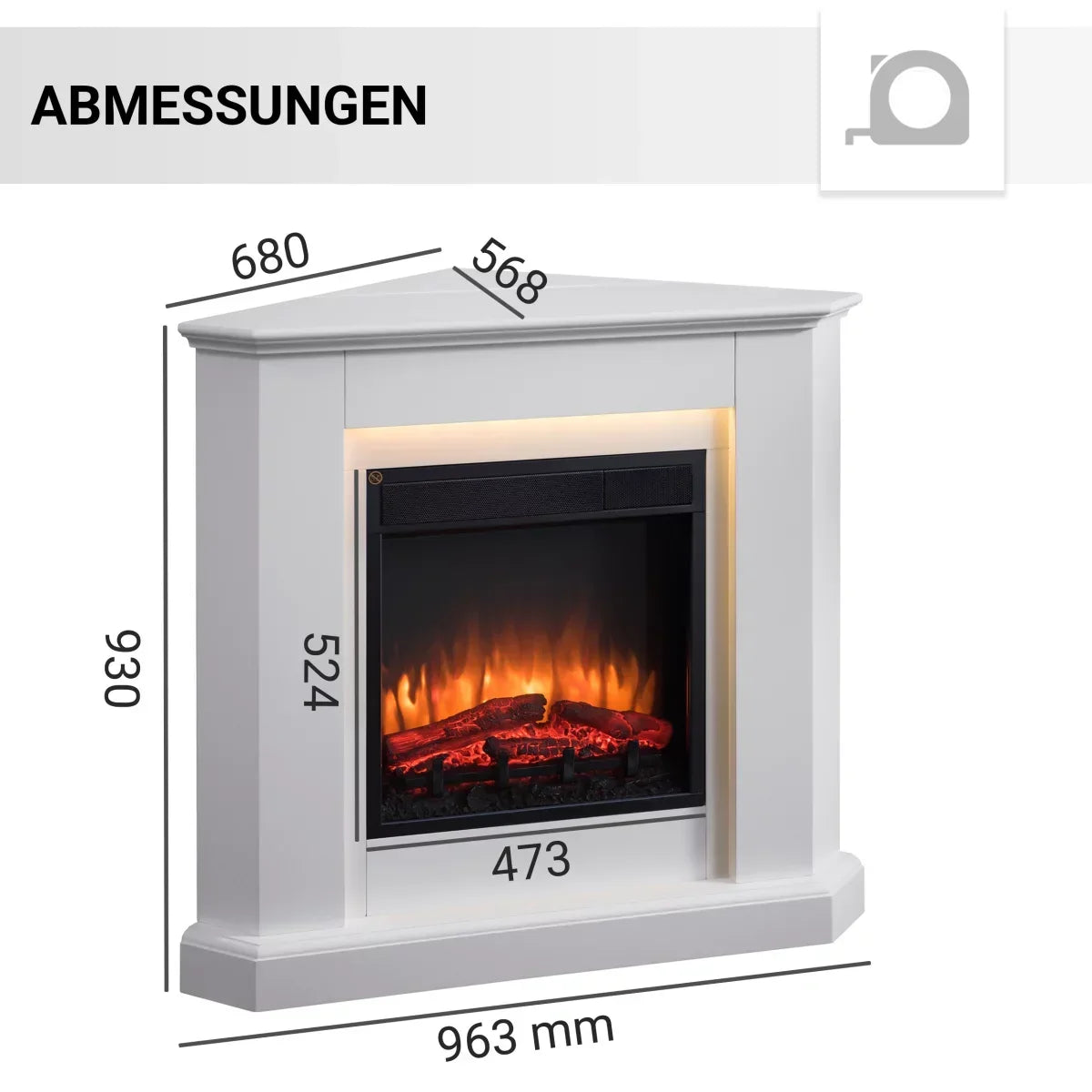 Caminetto Elettrico BALDERIA Candela Bianco | Stufa Angolare 2000W con Effetto Fiamma