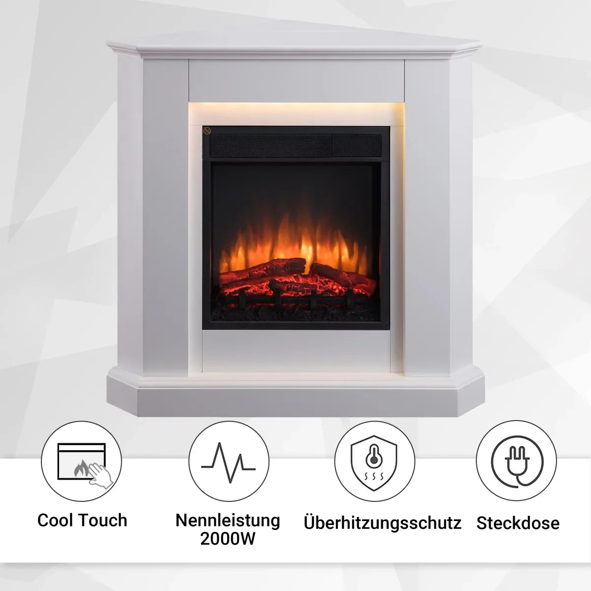 Caminetto Elettrico BALDERIA Candela Bianco | Stufa Angolare 2000W con Effetto Fiamma