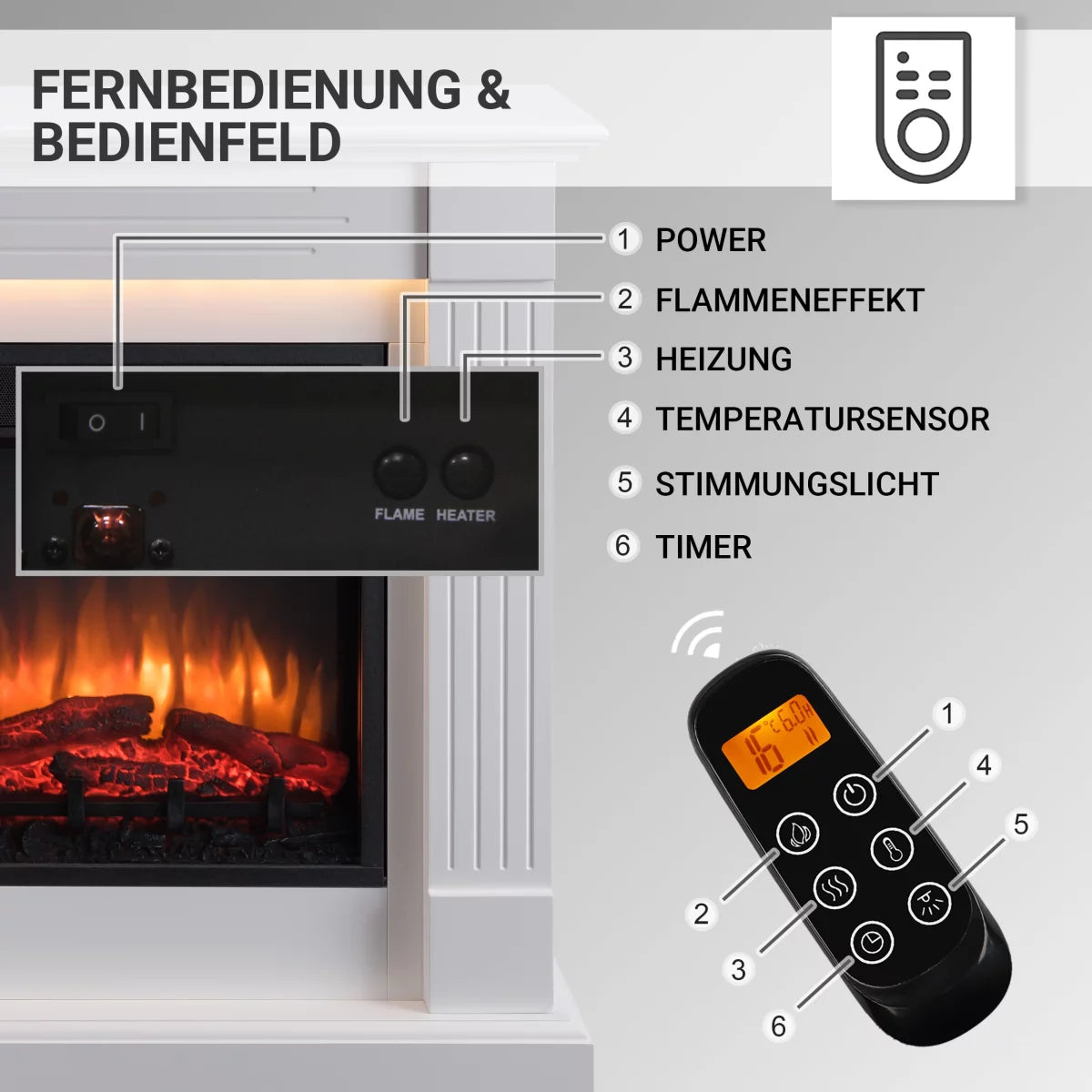 Camino Elettrico BALDERIA Ladina | Stufa con Effetto Fiamma 3D e Telecomando