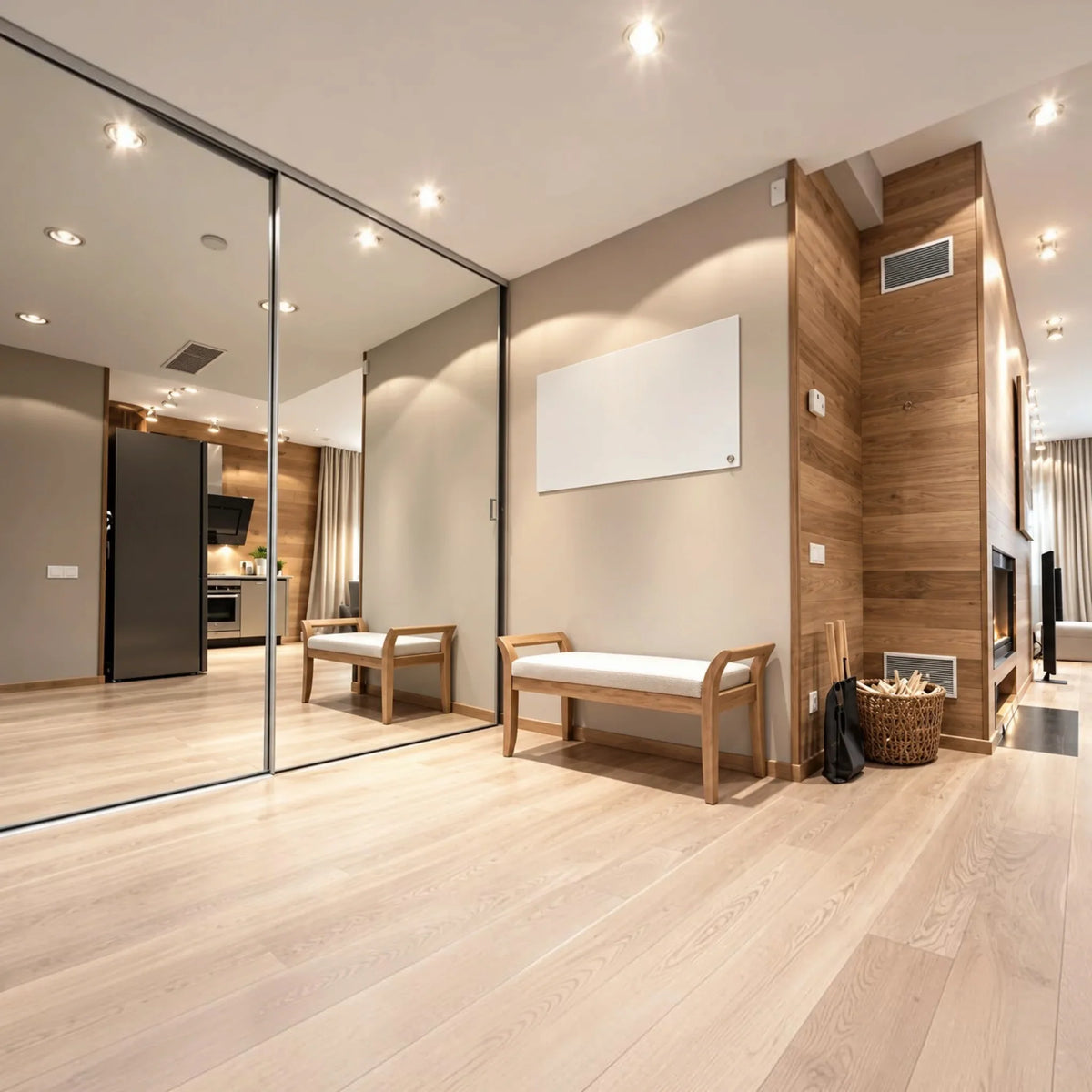 Pannello radiante a infrarossi Klimago™ INFRAPOWER bianco installato a parete in un moderno soggiorno in legno
