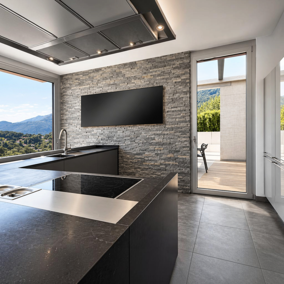 Pannello radiante a infrarossi Klimago™ Standard Line installato su una parete in pietra di una cucina moderna