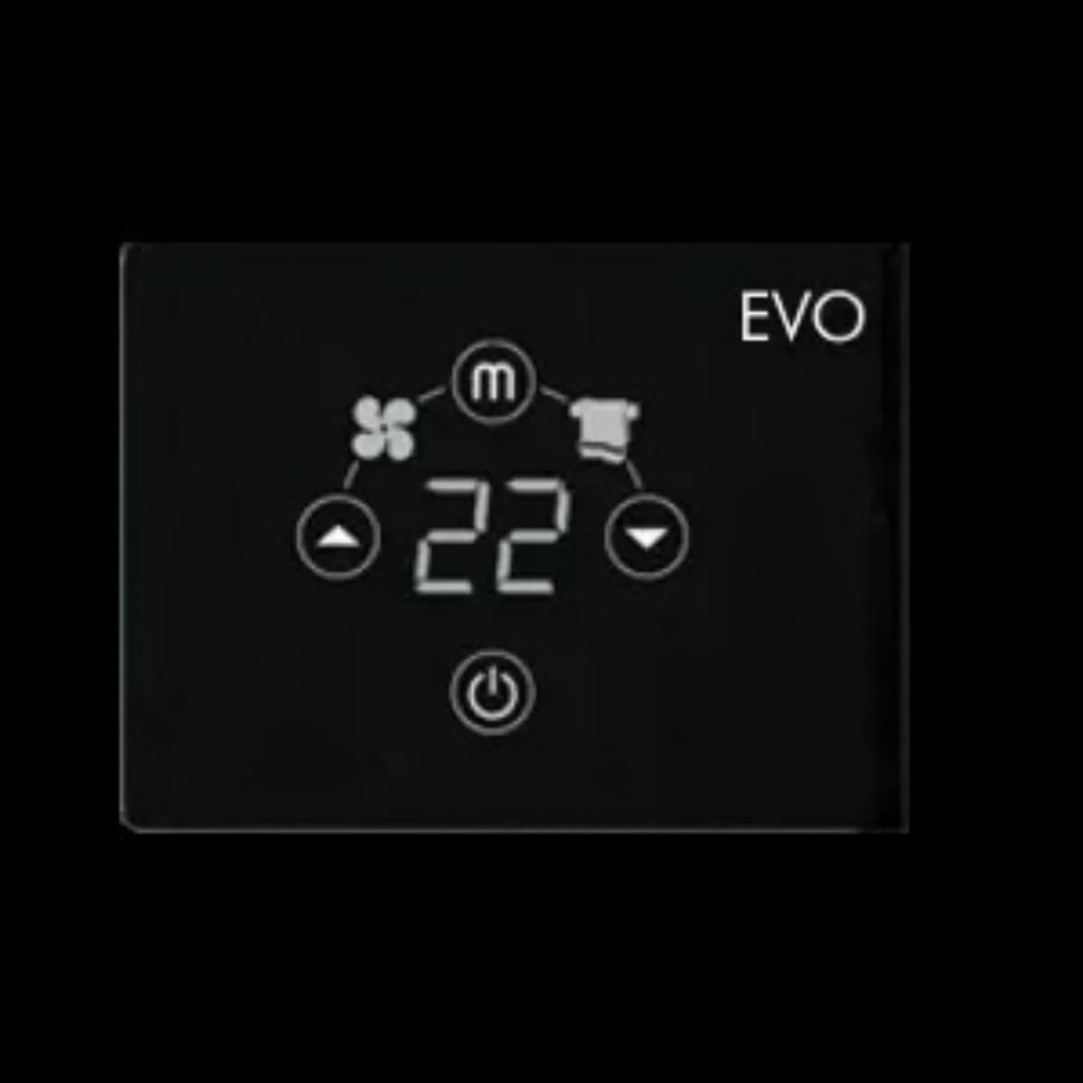 Display touch screen nero del termoventilatore Klimago™ Radialight ONSEN EVO con icone illuminate e temperatura