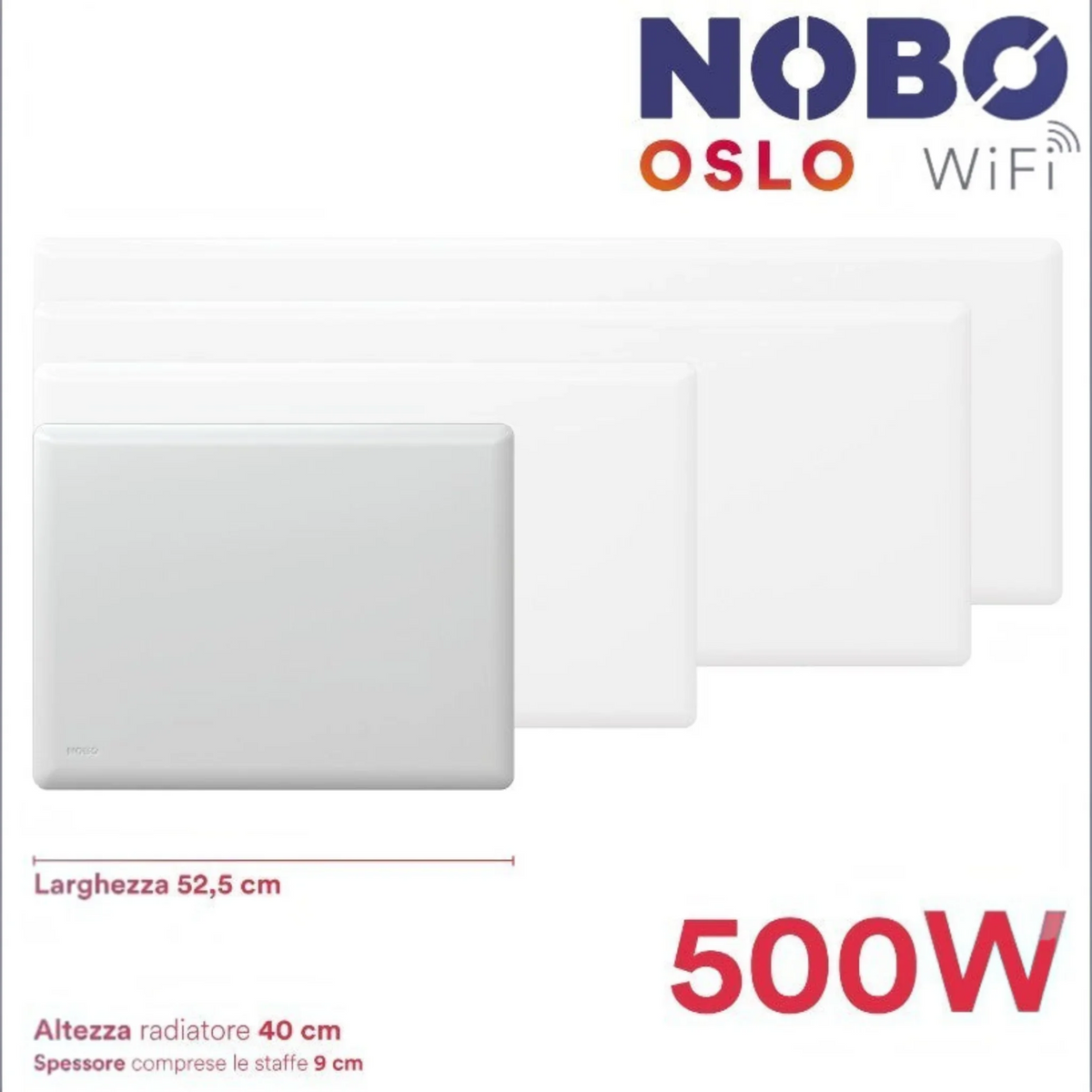 Radiatore elettrico norvegese Klimago™ NOBO OSLO WiFi bianco a convezione naturale, disponibile in varie potenze.