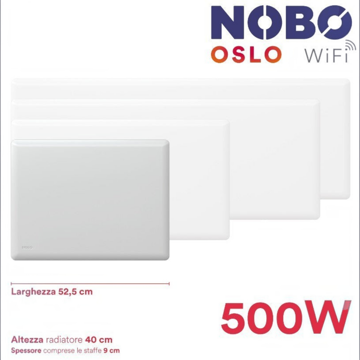 Radiatore elettrico norvegese Klimago™ NOBO OSLO WiFi bianco a convezione naturale, disponibile in varie potenze.