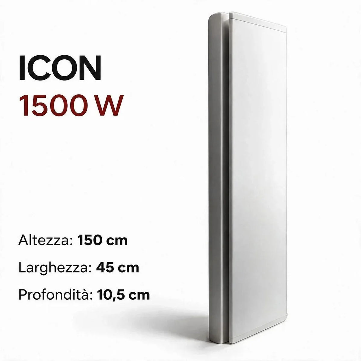 Radiatore elettrico verticale Klimago Radialight ICON 1500W bianco ghiaccio, design sottile per montaggio a parete