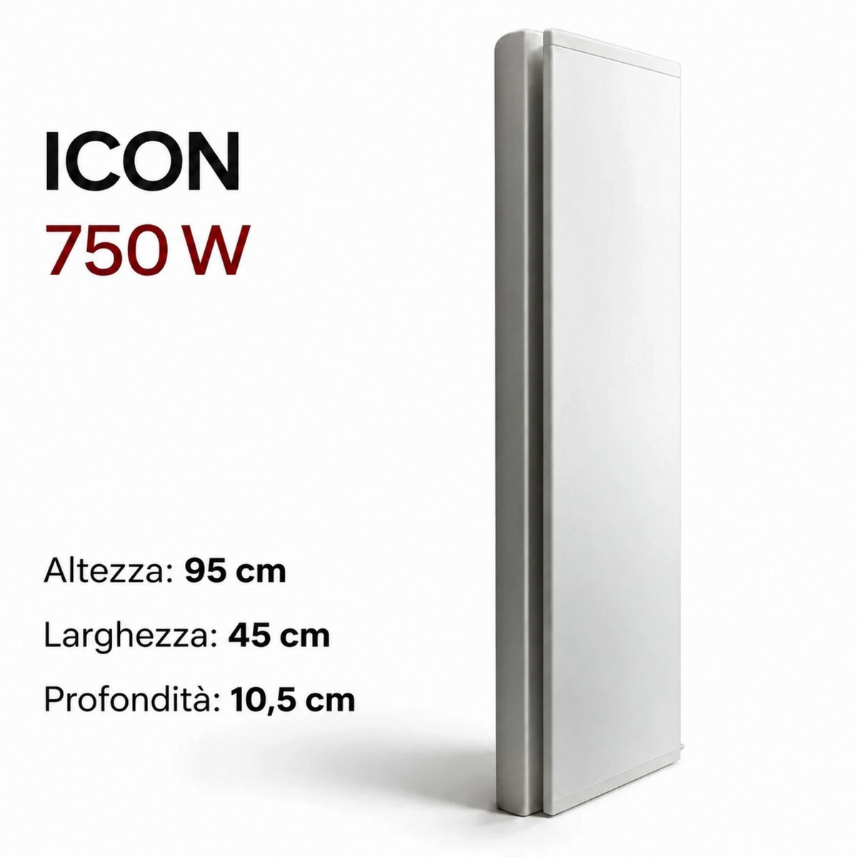 Radiatore elettrico verticale Klimago™ Radialight ICON 750W bianco ghiaccio, design sottile per montaggio a parete