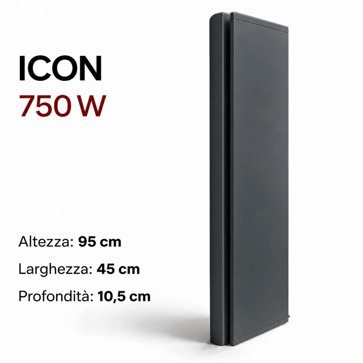 Radiatore elettrico verticale Klimago Radialight ICON 750W in grigio antracite, design sottile da parete