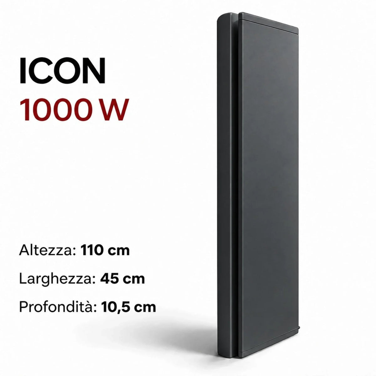 Radiatore elettrico verticale Klimago™ Radialight ICON 1000W in grigio antracite, design sottile da parete.