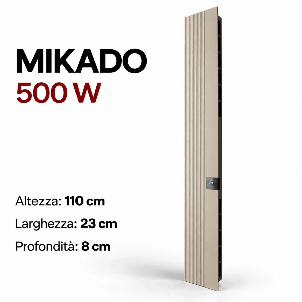 Radiatore elettrico verticale Klimago™ Radialight MIKADO 500W colore sabbia con design sottile e controllo touch