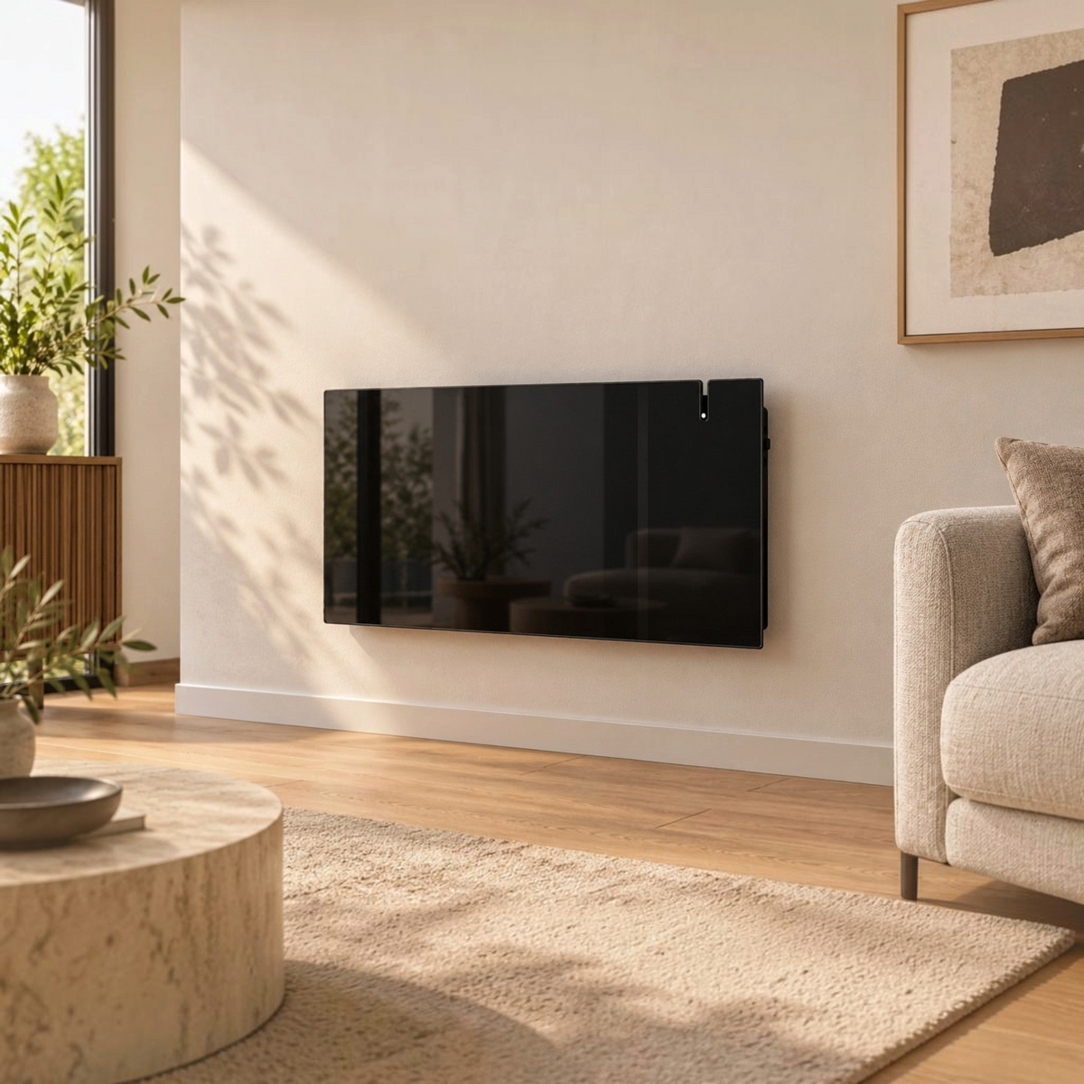 Radiatore elettrico in vetro nero Radialight AETHEREA installato a parete in un soggiorno moderno, Klimago™