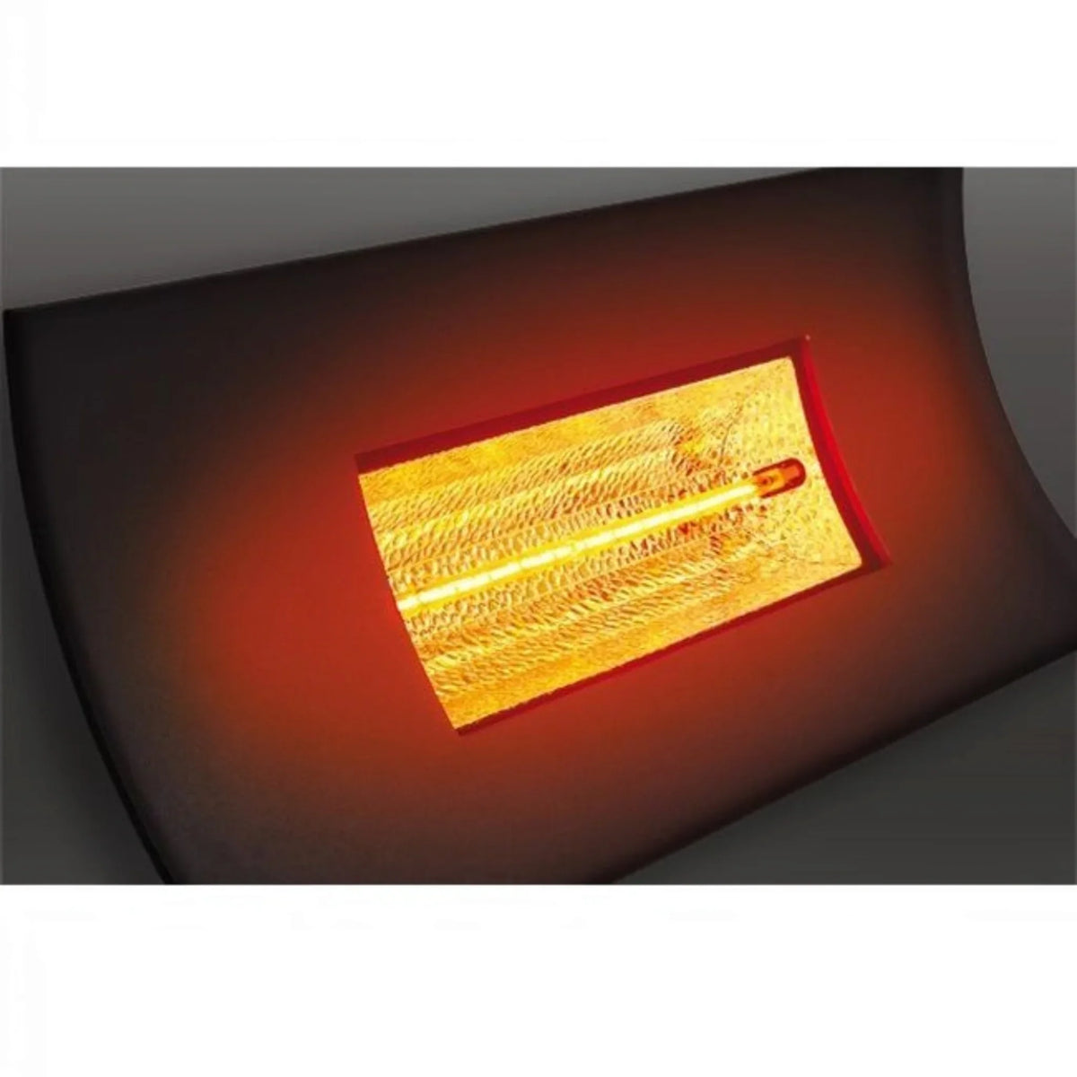 Riscaldatore a infrarossi esterno Klimago Radialight OASI HT nero con riflettore in alluminio martellato acceso