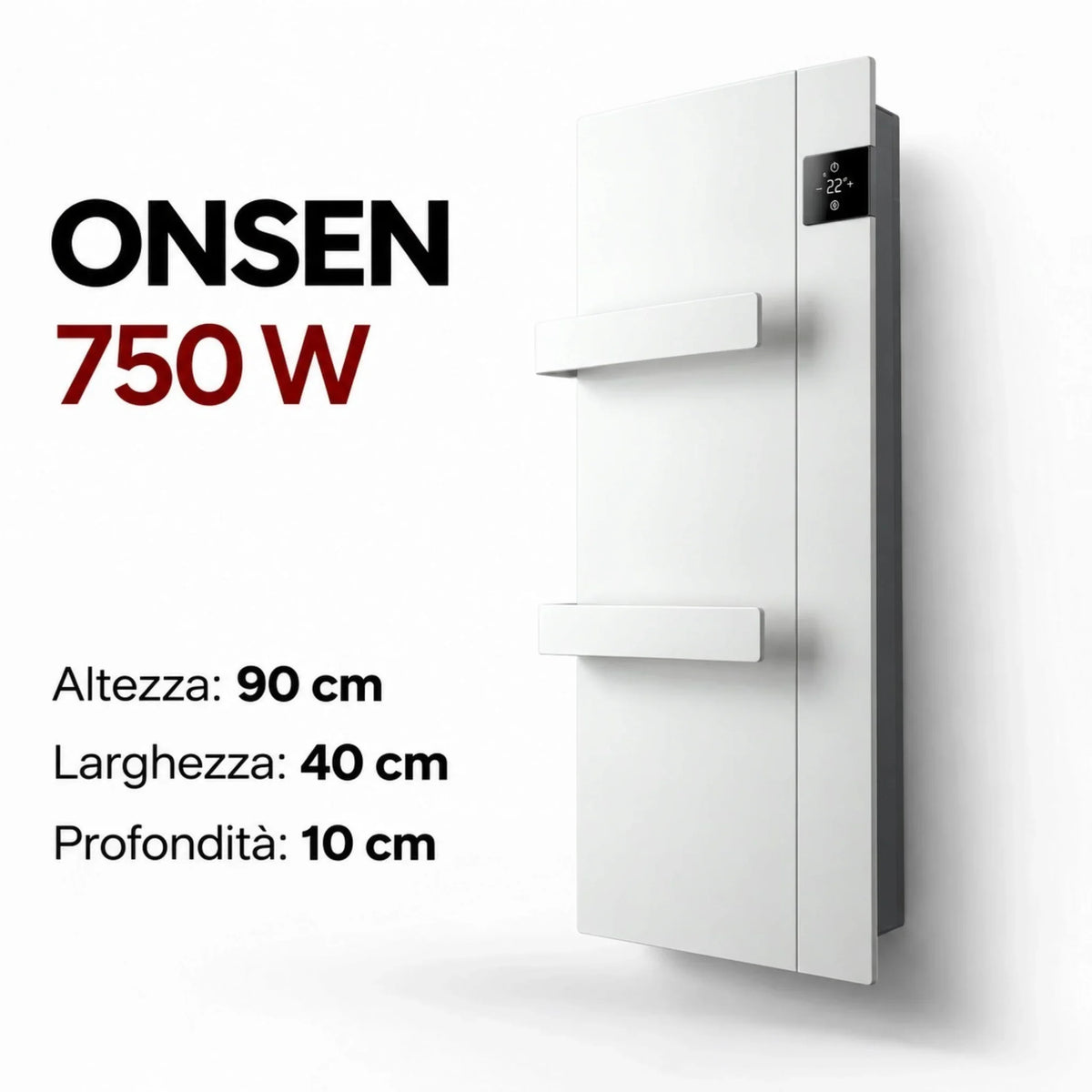 Scaldasalviette elettrico bianco Klimago Radialight ONSEN 750W con display touch e design verticale per il bagno