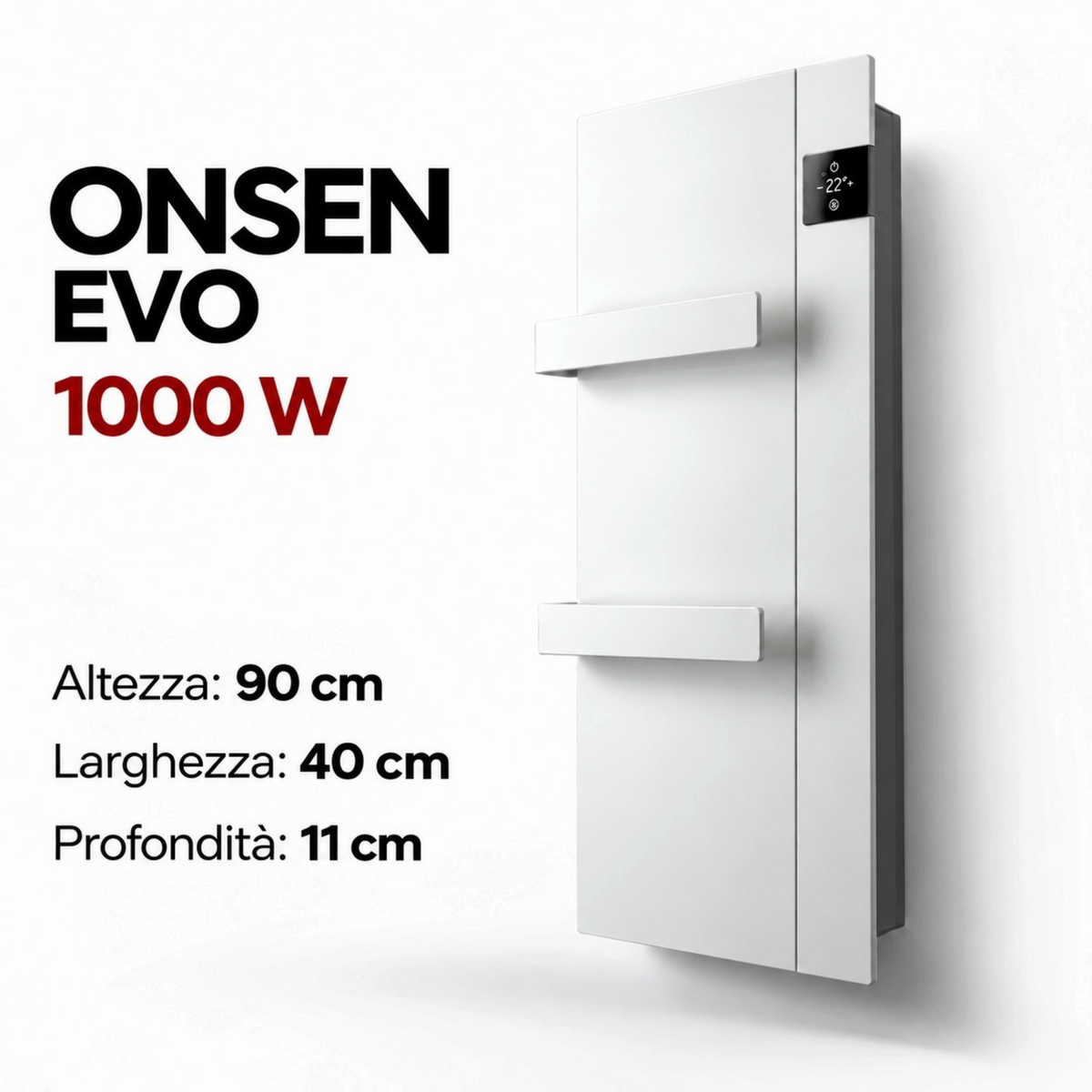 Scaldasalviette elettrico Klimago™ Radialight ONSEN EVO bianco da 1000W con termoventilatore e comandi touch