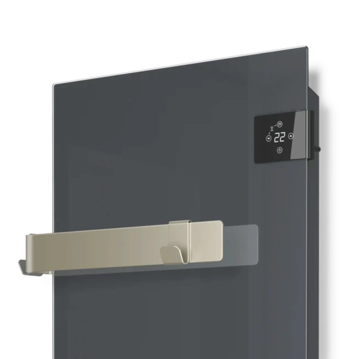 Scaldasalviette elettrico in vetro antracite Klimago™ Radialight SILK EVO con display touch e gancio portasciugamani