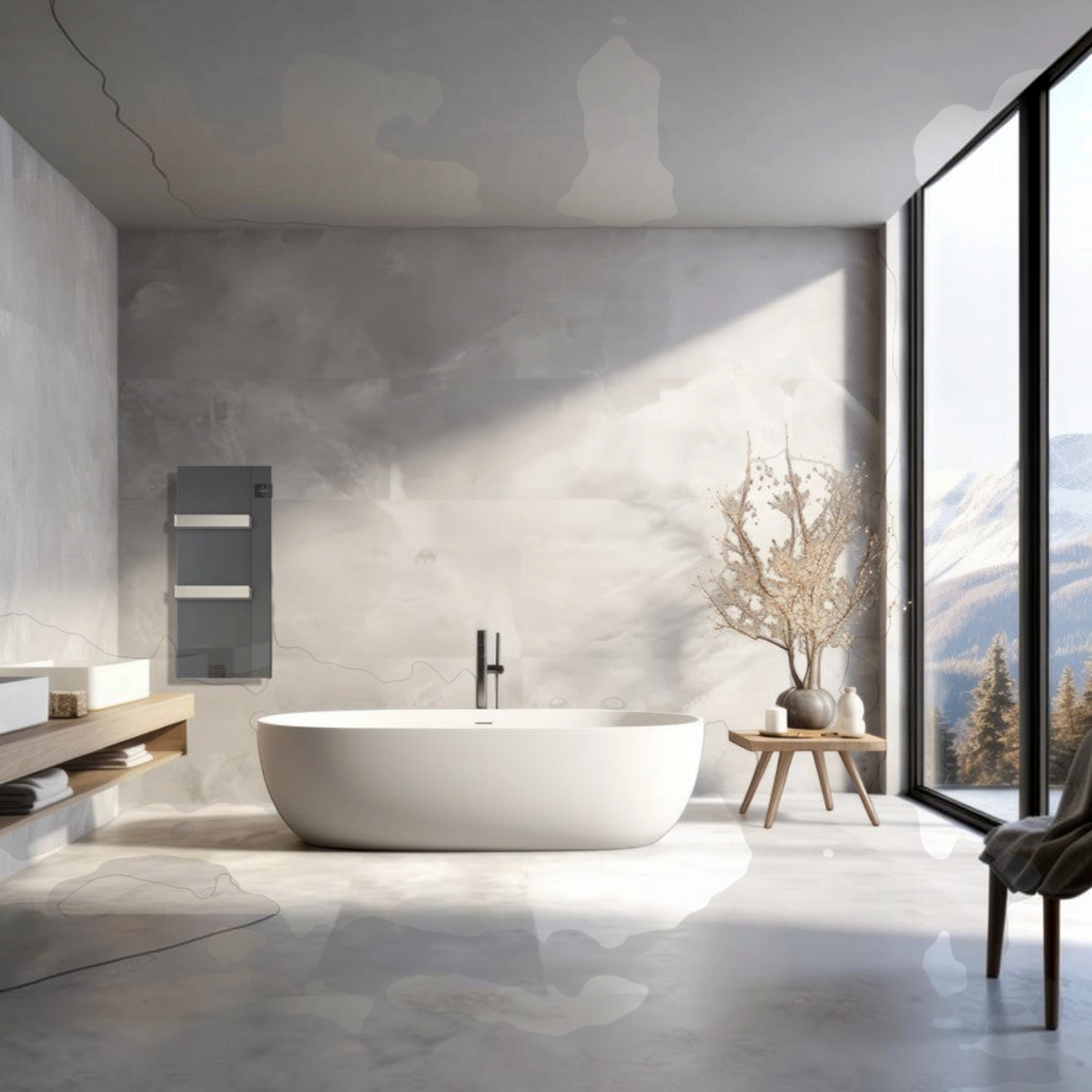 Scaldasalviette elettrico in vetro Radialight SILK EVO antracite installato in un bagno moderno con vasca freestanding