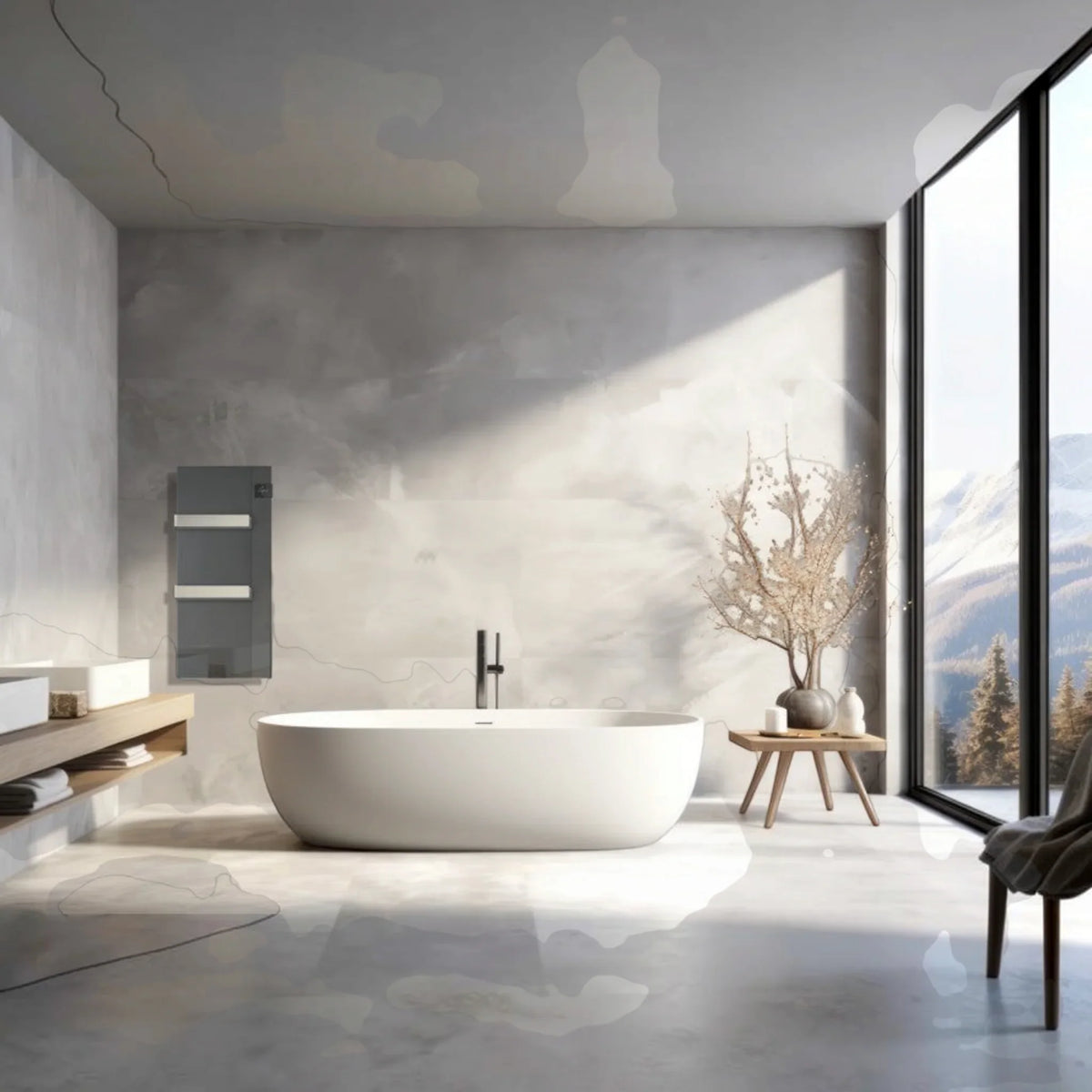 Scaldasalviette elettrico in vetro Radialight SILK EVO antracite installato in un bagno moderno con vasca freestanding