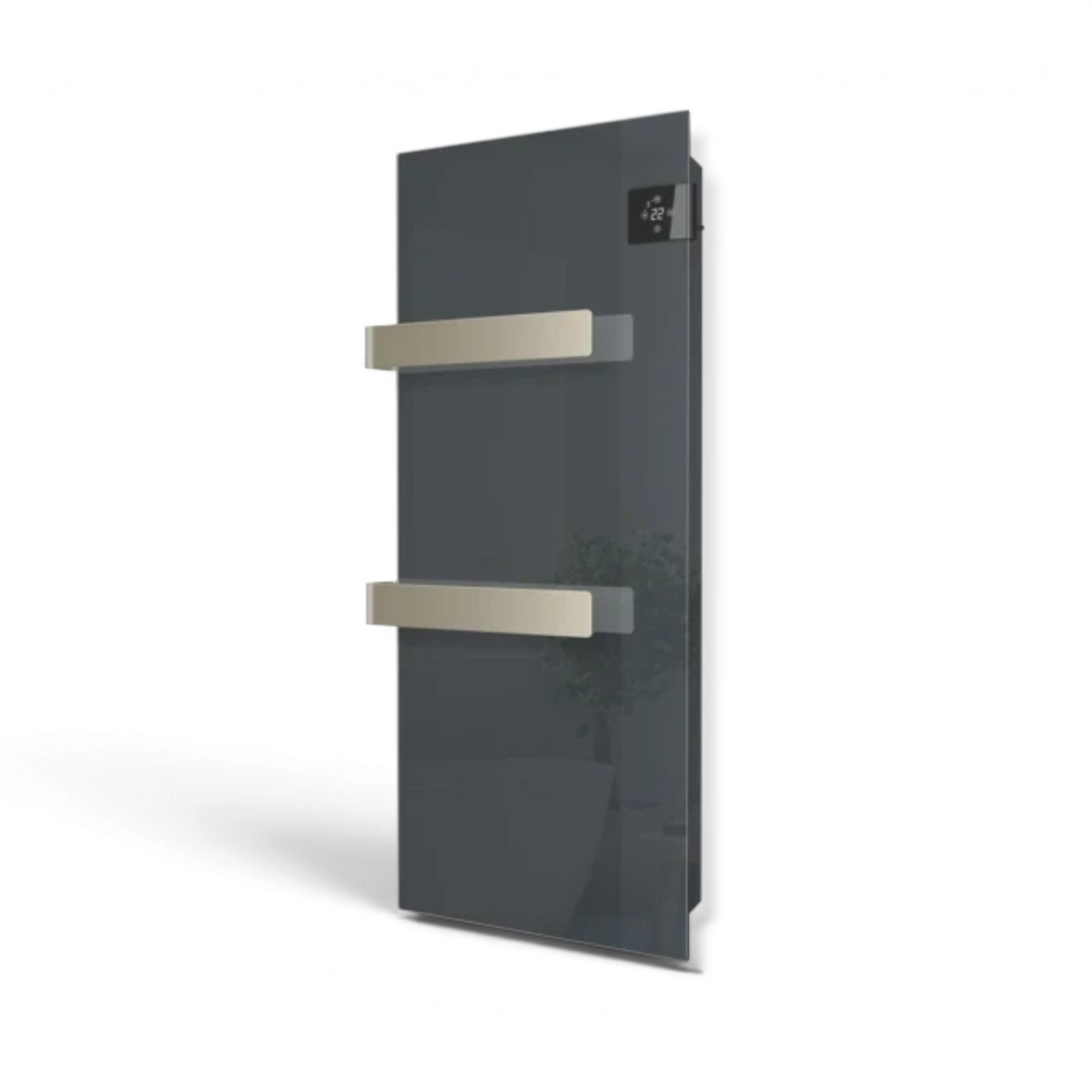 Scaldasalviette elettrico in vetro antracite Radialight SILK EVO con termoventilatore, disponibile su Klimago™