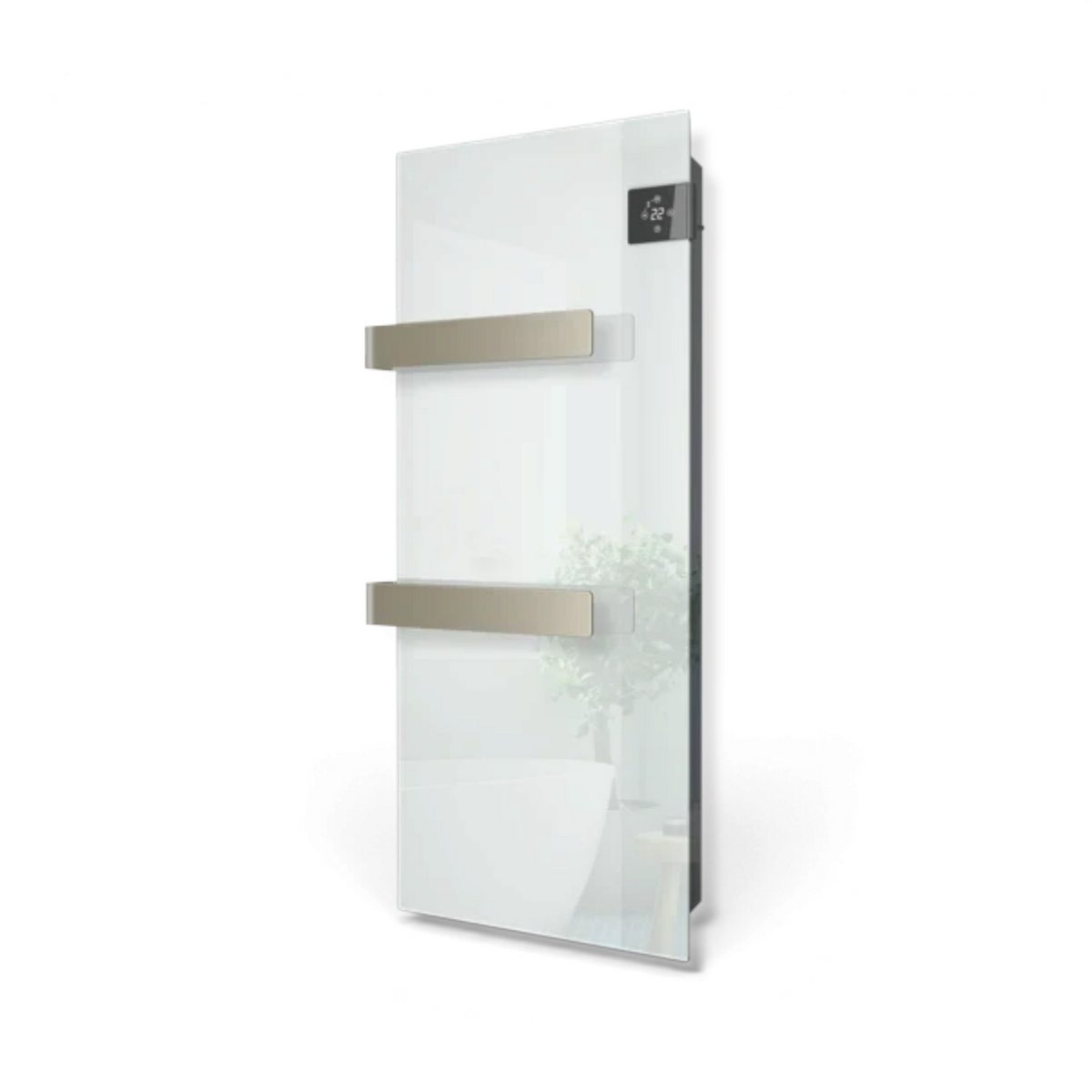 Scaldasalviette elettrico in vetro bianco Radialight SILK EVO con termoventilatore, disponibile su Klimago™.