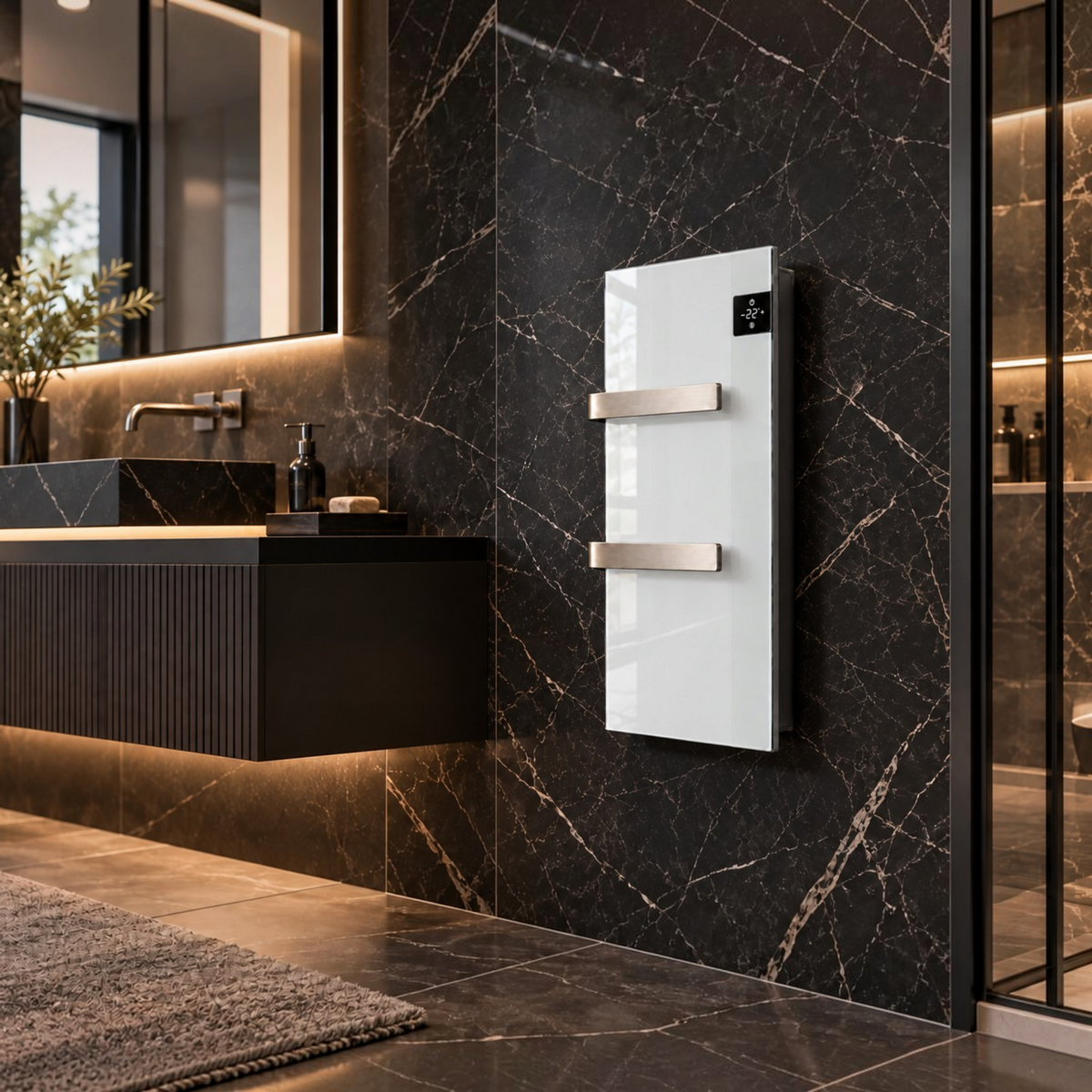 Scaldasalviette elettrico in vetro bianco Radialight SILK EVO installato in un bagno moderno Klimago