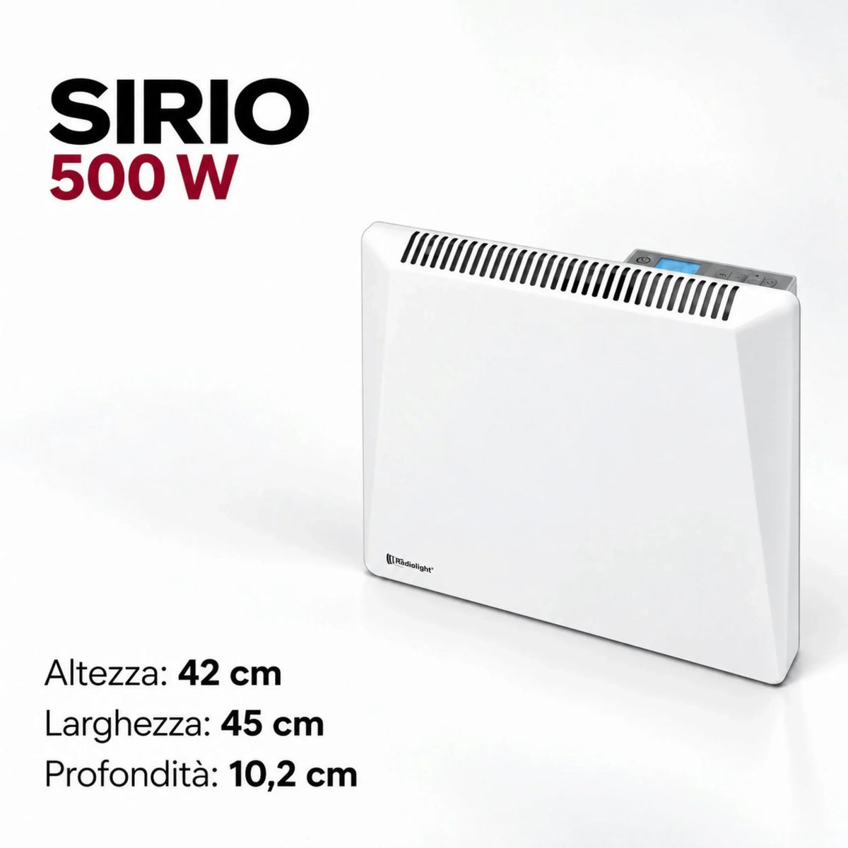 Termoconvettore elettrico digitale bianco Radialight SIRIO 500W disponibile su Klimago™ con display e design moderno
