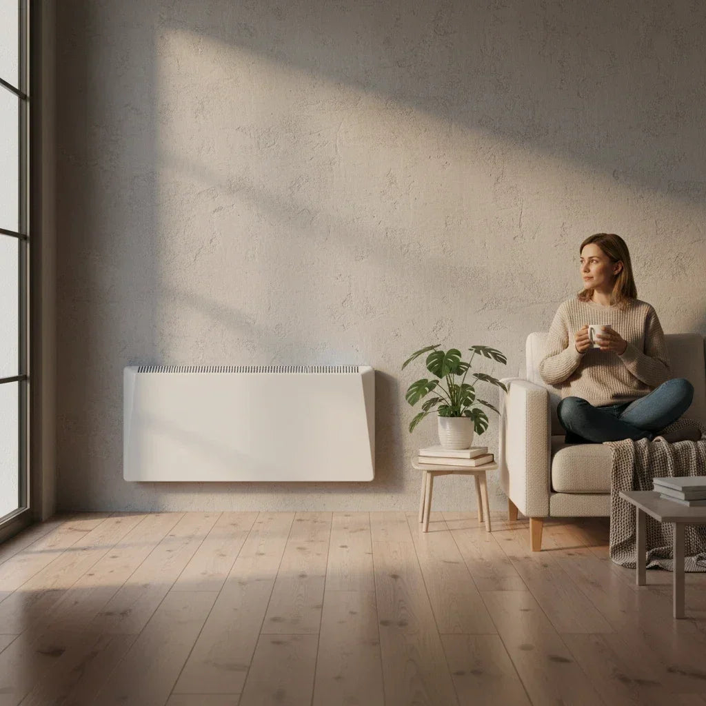 Termoconvettore elettrico digitale bianco Radialight SIRIO installato a parete in un soggiorno accogliente Klimago