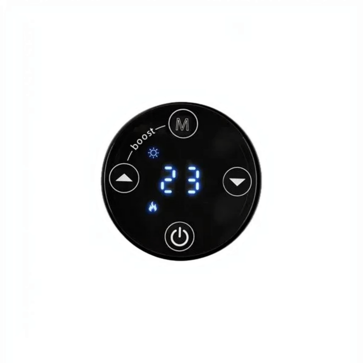 Display touch screen circolare del termoventilatore Klimago™ Radialight BALI con icone luminose e impostazione 23 gradi