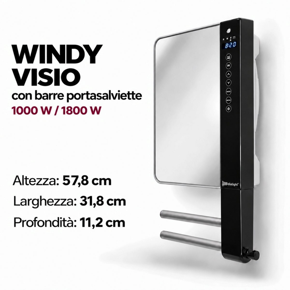 Termoventilatore da parete Klimago™ Radialight WINDY Visio con specchio, display touch e barre portasalviette in bagno