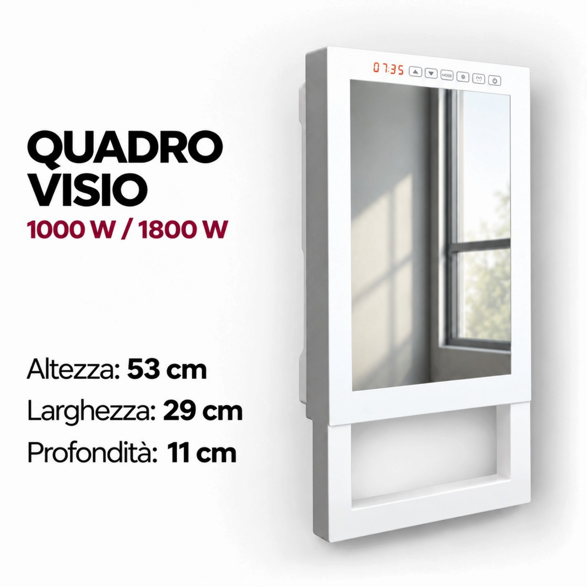 Termoventilatore da bagno bianco Klimago™ Radialight QUADRO VISIO con specchio integrato e barra portasalviette.