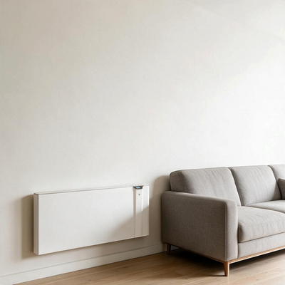 Radiatore elettrico da parete Klimago™ Radialight KLIMA bianco con tecnologia Dual-Therm installato in un soggiorno