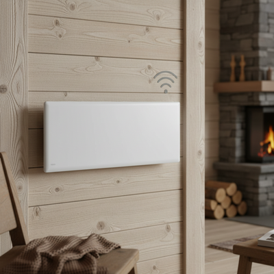Radiatore elettrico norvegese Klimago™ NOBO OSLO WiFi bianco a parete in un ambiente moderno con camino