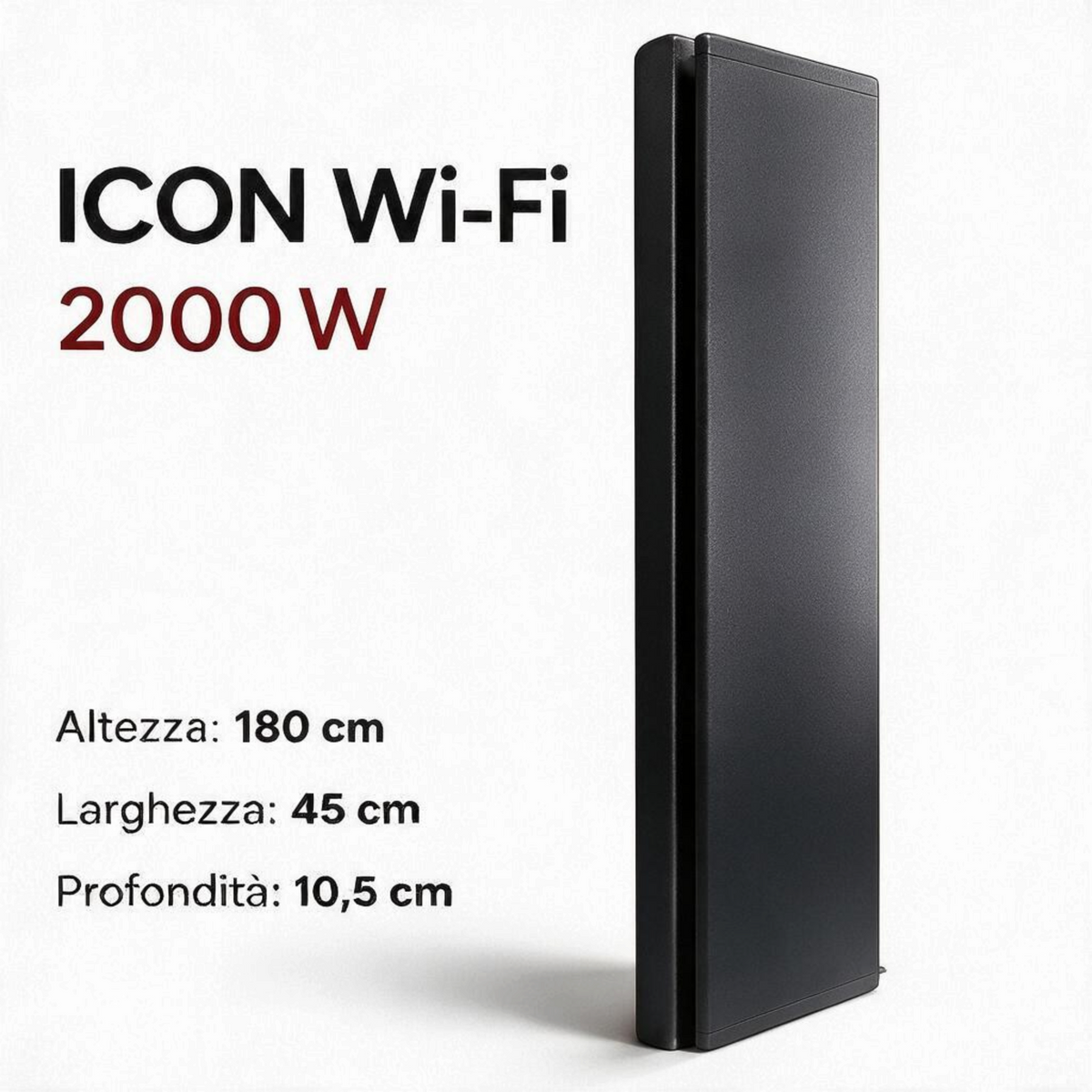 Radiatore elettrico verticale Klimago™ Radialight ICON Wi-Fi 2000W grigio antracite con dimensioni e specifiche tecniche
