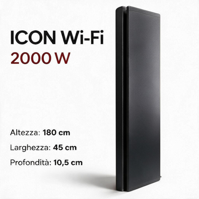 Radiatore elettrico verticale Klimago™ Radialight ICON Wi-Fi 2000W grigio antracite con dimensioni e specifiche tecniche