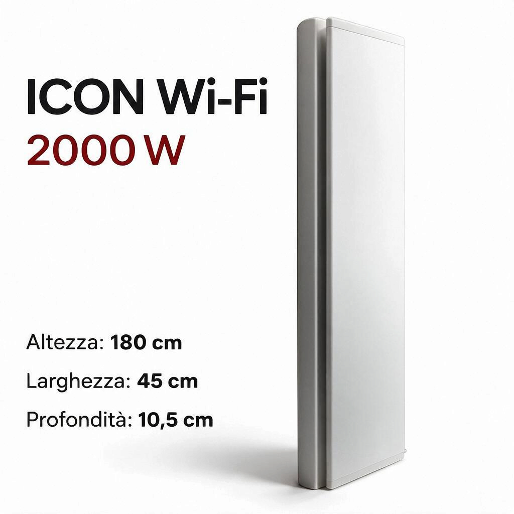 Radiatore elettrico verticale Klimago™ Radialight ICON Wi-Fi 2000W bianco ghiaccio dal design sottile e moderno