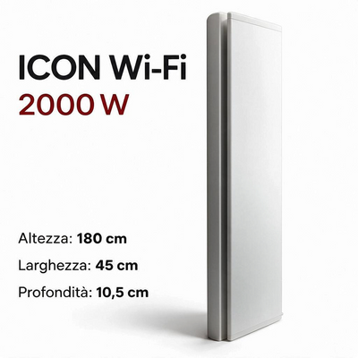Radiatore elettrico verticale Klimago™ Radialight ICON Wi-Fi 2000W bianco ghiaccio dal design sottile e moderno
