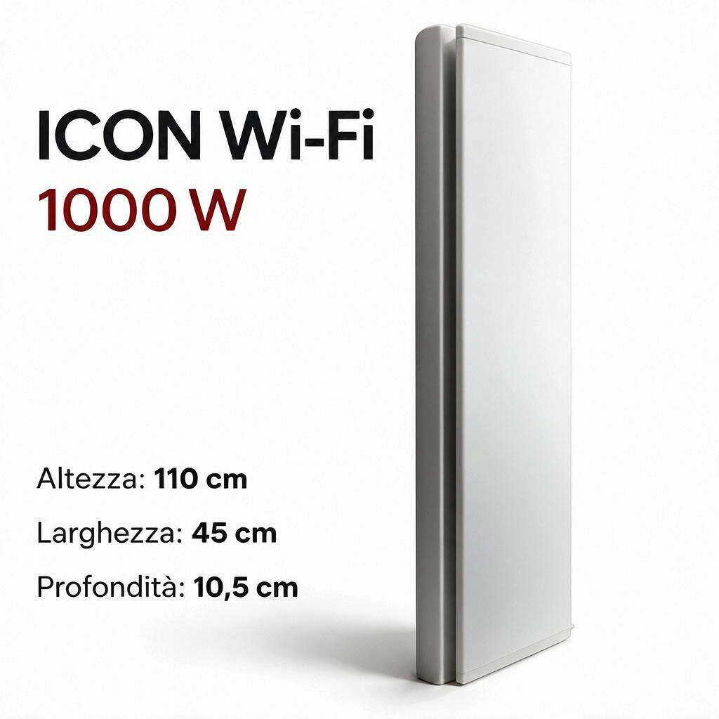 Radiatore elettrico verticale Klimago Radialight ICON Wi-Fi 1000W bianco con design sottile e controllo smart