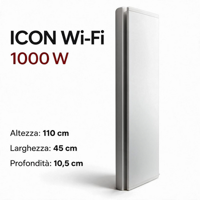 Radiatore elettrico verticale Klimago Radialight ICON Wi-Fi 1000W bianco con design sottile e controllo smart