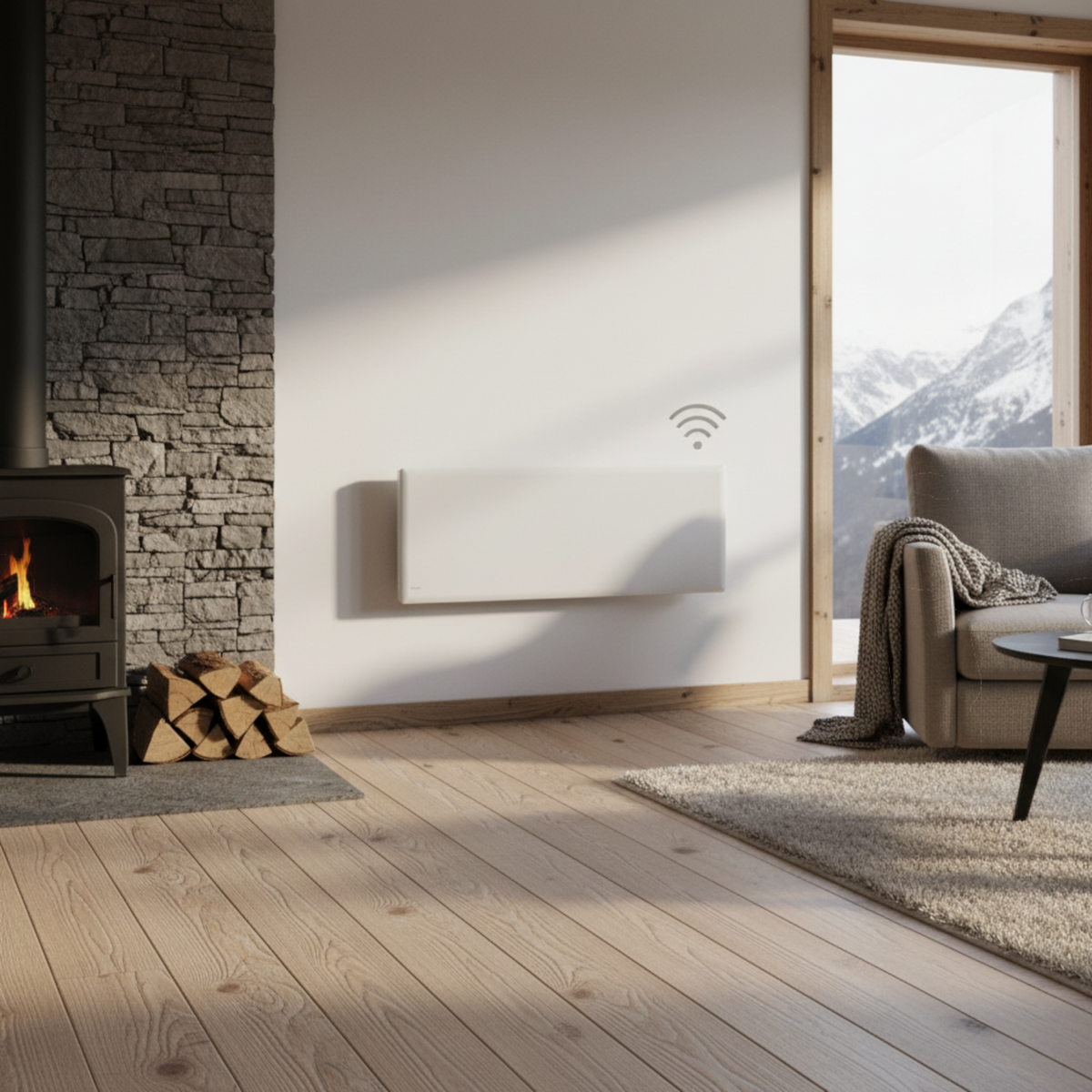 Radiatore elettrico norvegese Klimago NOBO OSLO WiFi bianco a parete in un soggiorno moderno con vista montagna