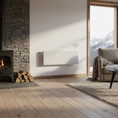 Radiatore elettrico norvegese Klimago NOBO OSLO WiFi bianco a parete in un soggiorno moderno con vista montagna