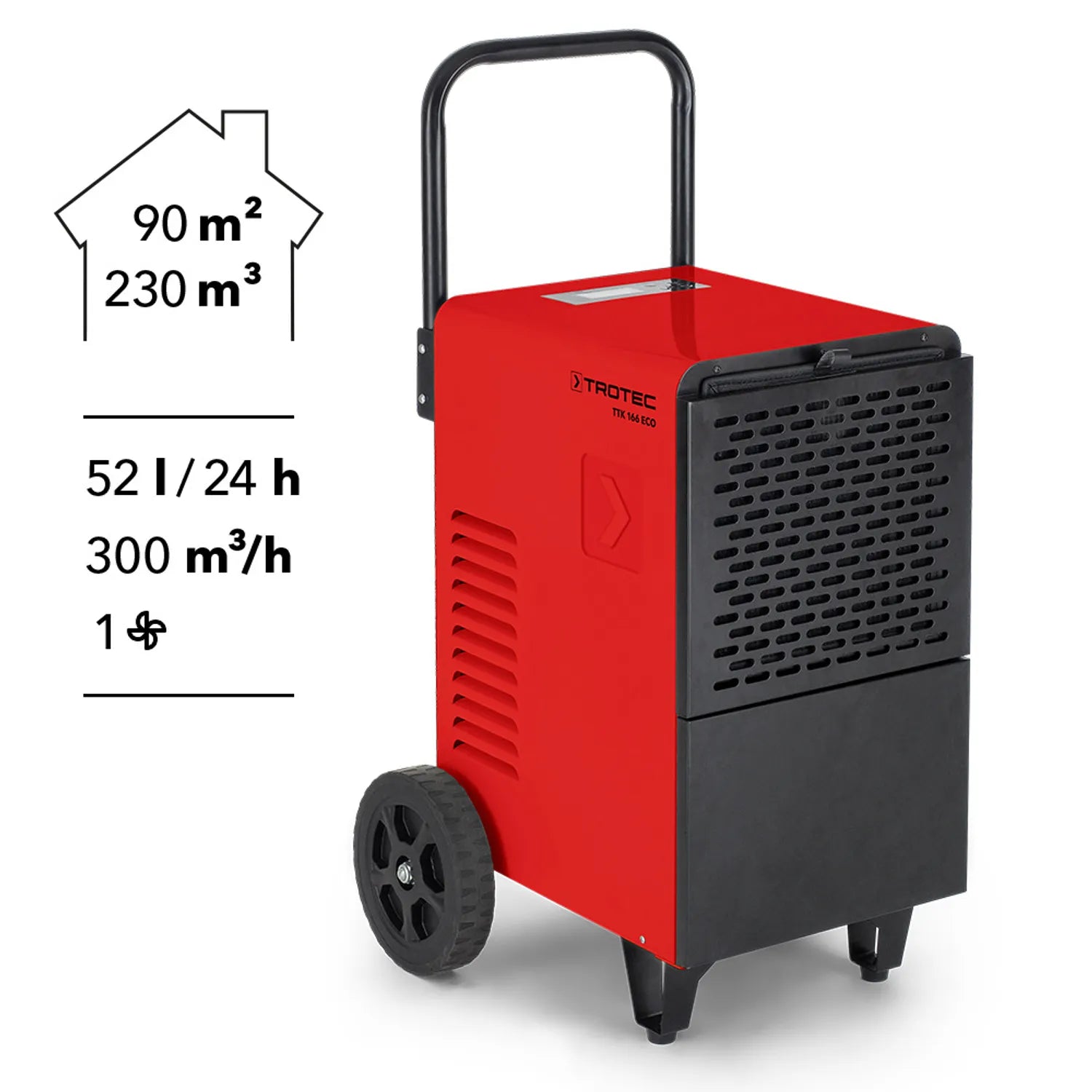 Deumidificatore commerciale TROTEC TTK 166 ECO, 52L/giorno, per ambienti fino a 90 m², con igrostato e display digitale